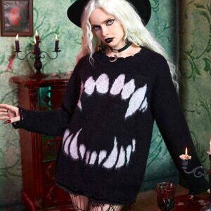Goth Babe Vampire Fangs Distressed Creepy Oversized Sweater Women size L